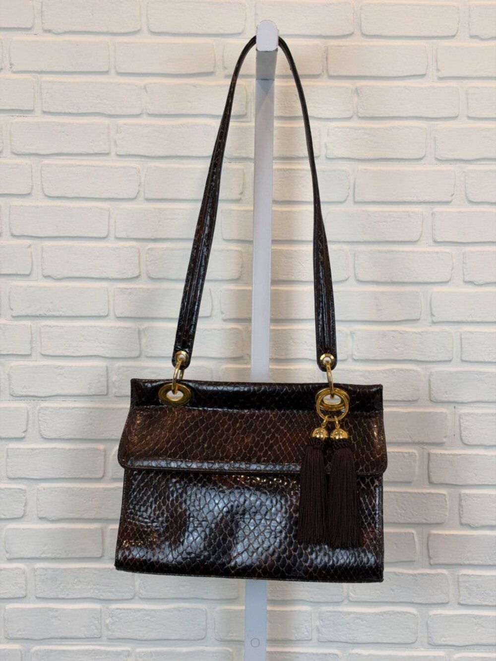 Stuart Weitzman Shoulder Bag Snakeskin Embossed Tassel Brown